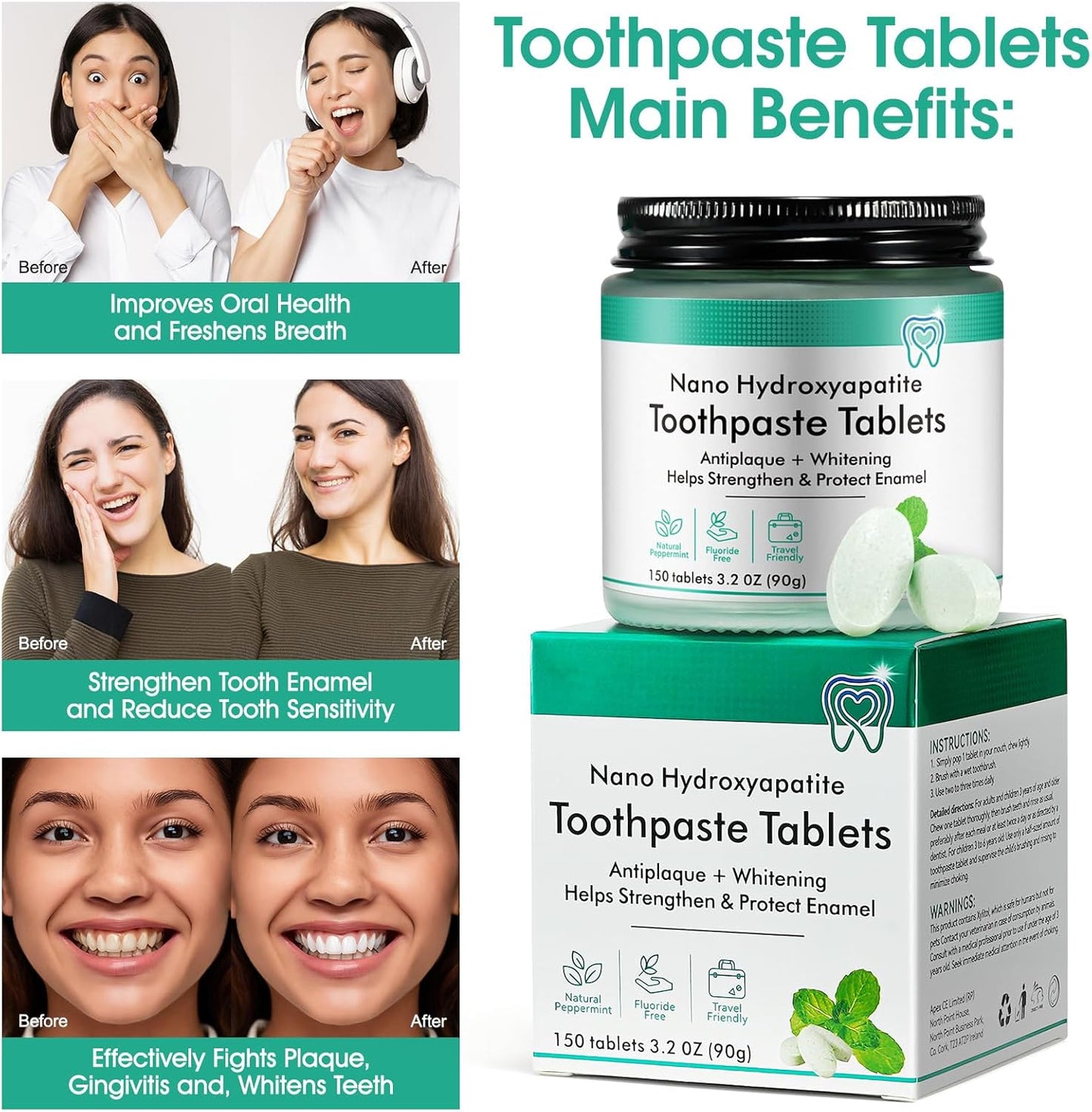 Revolutionize Your Oral Care with Chewable Toothpaste Tablets - 150 Natural Peppermint Tabs for Instant Whitening and Sensitivity Relief!