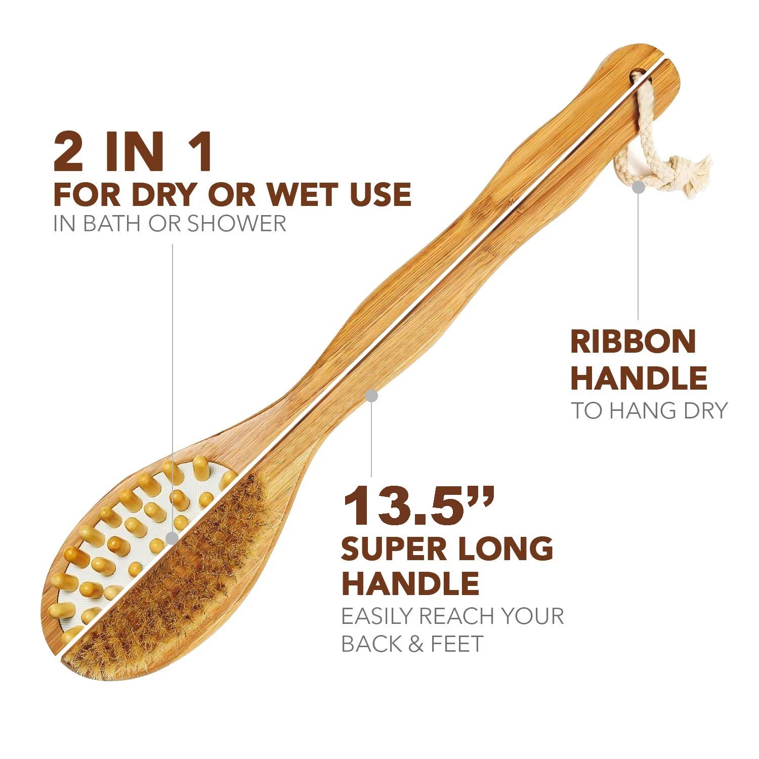 Revitalize Your Skin with the Bath Blossom Bamboo Body Brush - Natural Bristles Shower Brush with Long Handle for Perfect Dry Brushing and Back Scrubbing