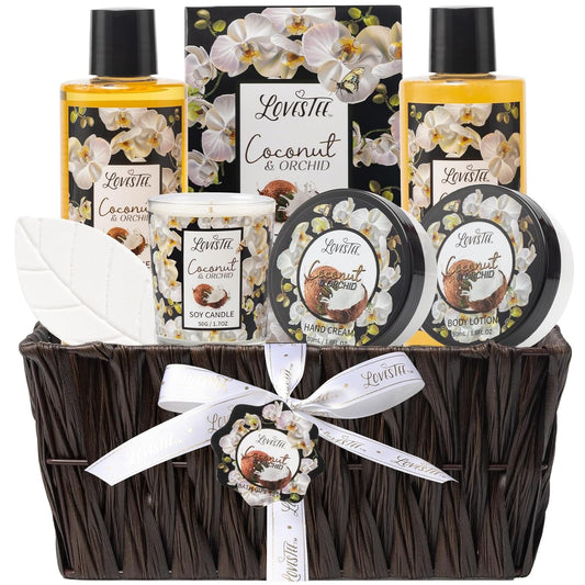 Valentines Day Spa Gift Baskets for Women, Spa Gifts for Women, Coconut & Orchid Bath & Body Set, Includes Shower Gel, Hand Cream, Body Lotion, Candle and More, Gifts for Women, Gift for Mom